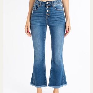 Cropped flair high waisted button fly jeans.